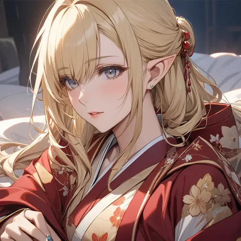 ((Best Quality)), ((masterpiece)), (detailed), （Perfect Face）、The female high elf is Seras Ashlain, a blonde with medium-long hair wearing a 12-layered kimono, her hair tied in a Japanese style, gorgeous jewelry and an engagement ring.