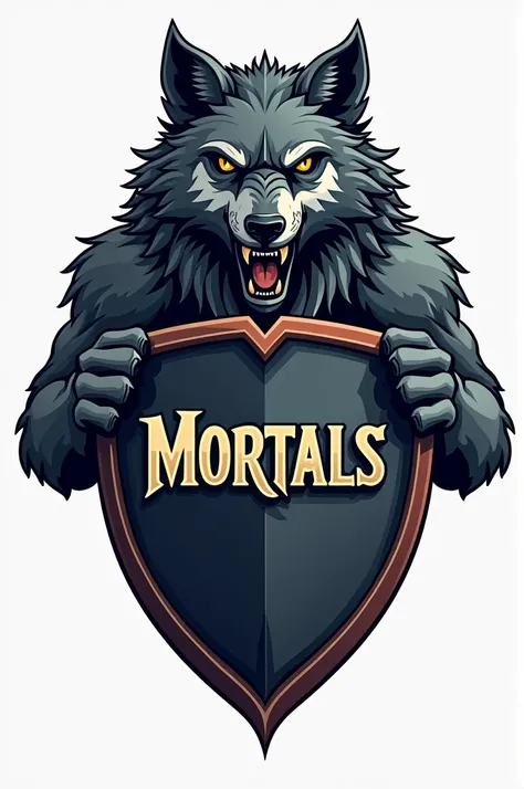 Show me a logo of a wolf with a shield that says Mortals 