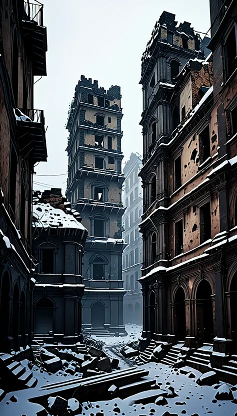 Ruins of a City in a Snowfall 4k, HD, High Resolution, Dark Mood and Lighting.

All buildings are just Ruins