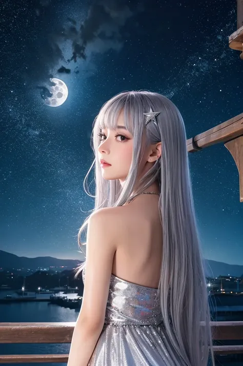 A full moon shining silver in a starry sky