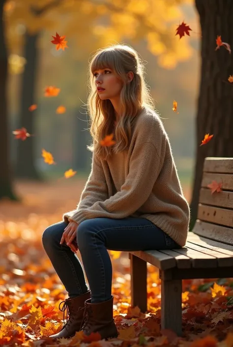 Generate an image where taylor swift is sitting on a bench in autumn season with leafs falling 
