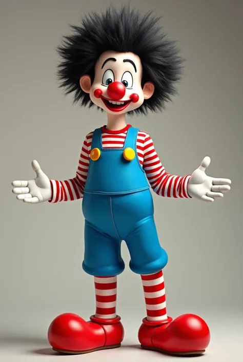 Generate a clown, that has black hair raised, red and white striped t-shirt, with a blue jumpsuit like Mario Bros., red and white striped stockings, red clown shoes as if he were a Pixar movie character and posing towards the camera as a clown would do