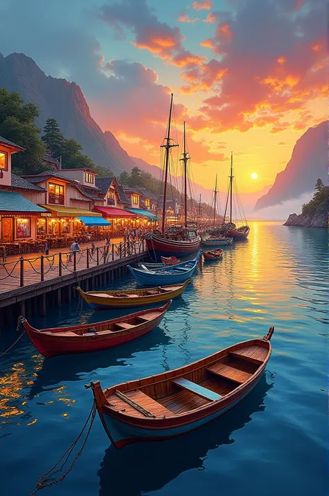 Create a t-shirt with an image of the pier lined with fishing boats with restaurants around it and in the background the image of the river with the sunset 
