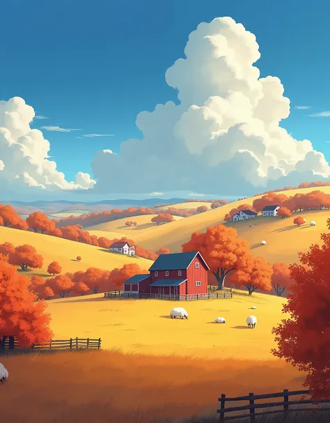 Create a detailed anime-style illustration of a An expansive autumn countryside, vividly painted in warm shades of red, orange, and gold, with rolling hills that stretch into the distance. At the center of the landscape sits a charming farmhouse with a cla...