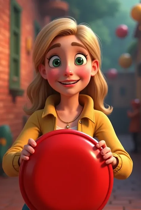 a twenty-five year old girl, with blonde hair, white skin, green eyes with a face expressing happiness when pressing a red button, Disney Pixar style, cartoon.