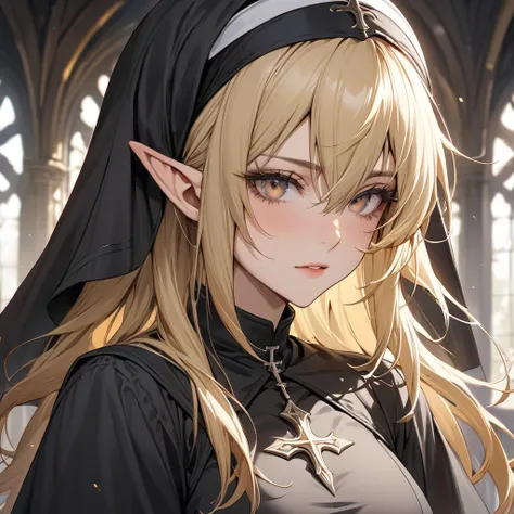 ((Best Quality)), ((masterpiece)), (detailed), （Perfect Face）、The female high elf is Seras Ashlain, a blonde high elf with medium-long hair wearing a Christian nun&#39;s uniform.