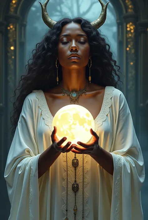 a close up of a person holding the moon, darkskin, priestess, whote robes, wiccan, moon goddess, high priestess, hecate, tarot card art, arcane tarot, wicca, high priestess tarot card, tarot art, lunar goddess, hecate goddess, the high priestess, jen barte...