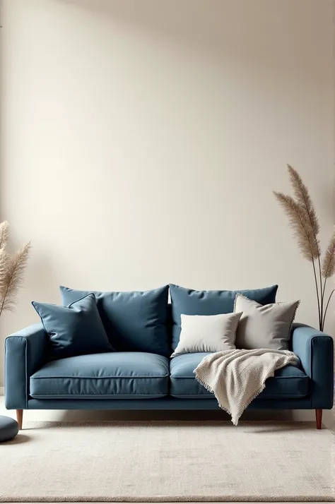 A navy blue and light grey cushion sofa with a cream colour background