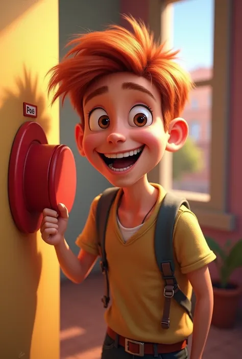 a twenty-five year old young man, with red hair, white skin, brown eyes with a face expressing happiness when pressing a red button, Disney Pixar style, cartoon.