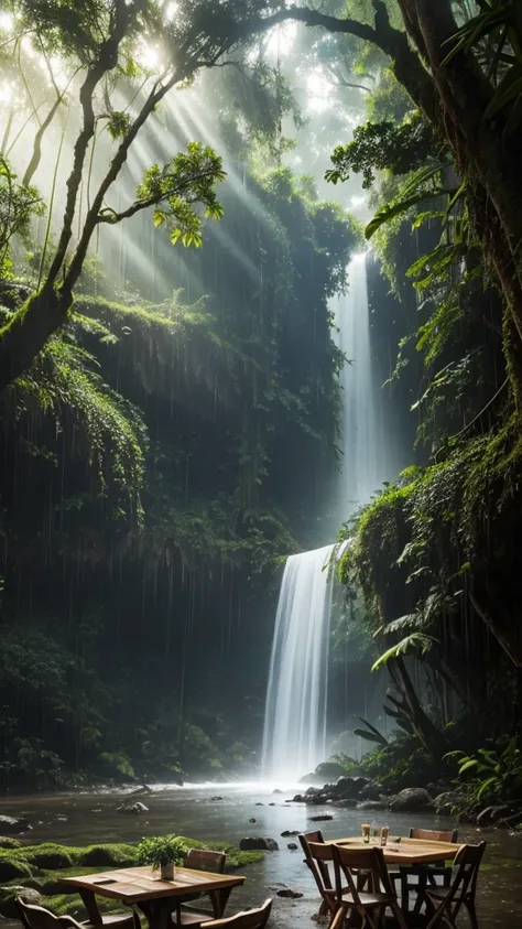 rustic wood table,
rustic chairs,
rain forest,
soft fog,
wet climate,
atmosphere,
sunrays,
very high tropical trees covering,
jurassic vegetation,