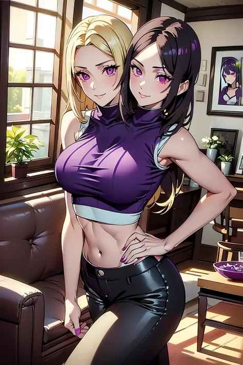 ((best quality), (high quality), (detailed), (masterpiece), good artist, (2heads:1.5), 1girl, (blonde hair), (black hair), (magenta eyes), casual wear, gentle smile, ((violet crop top)), ((sleeveless crop top)), black pants, a two headed woman with beautif...