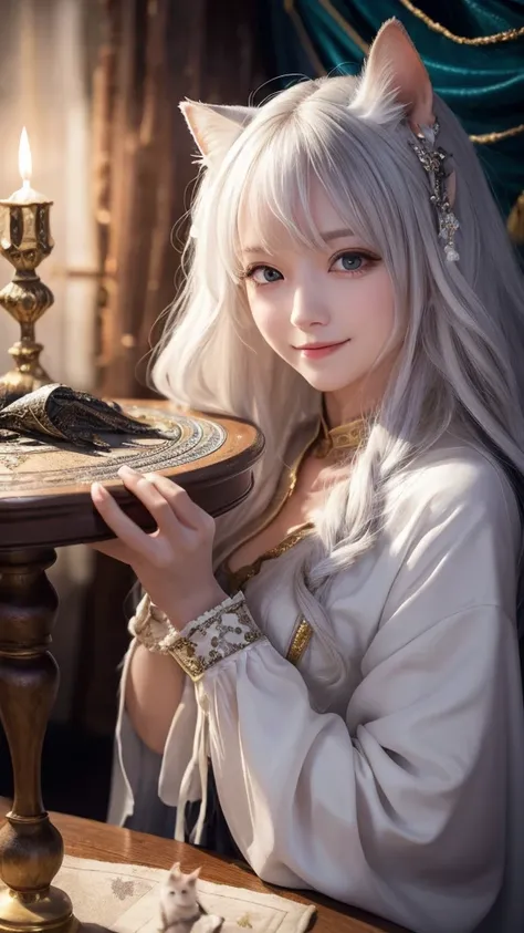 
(masterpiece, highest quality, highest quality, official art, beautiful and aesthetic: 1.2), (one girl: 1.3), wavy long hair, white hair, Cat ears on the head,highly detailed portrait, highly detailed hands, looking at the viewer, alone, (whole body: 0.6)...