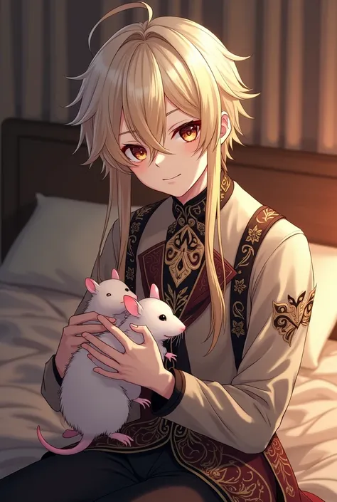 Young man. Asian. Dark skin. Blond and white bicolored hair. Bang and locks. Brown gradient eyes. Long lashes. Red liner. Anime. Cute. Handsome. Beautiful facials features. Skinny body. In his room. Holding his two pet rats. Rich genshin outfit. Braces. 