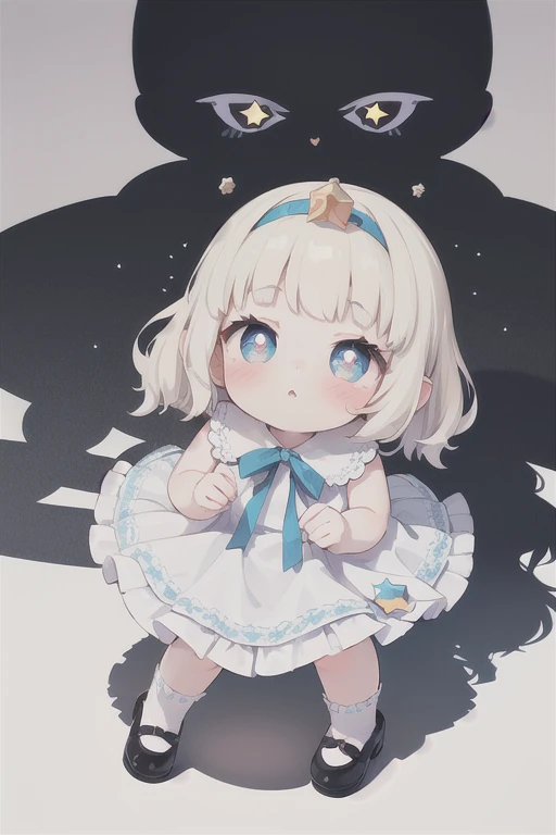 One girl,princess, (Light blonde hair), Light blue eyes, Short Bob , Shiny Hair, Wavy Hair, Full Face Blush:is,Heart-shaped pupils,baby face , in the eye, Head Ribbon ,star ribbon , Ruffled Dress,Long skirt,,Adorable,Angelic,Idol (((item: star), shadow:1.5