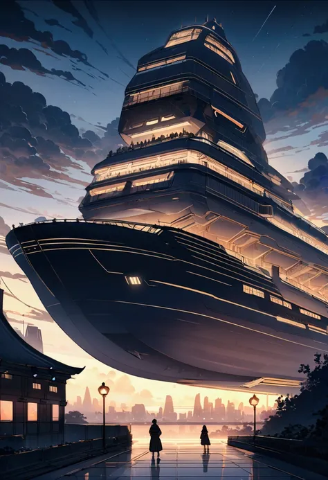 I want you to create a gigantic ship flying over an entire city with Japanese characteristics with details that it is nighttime but with the details that this ship is shaped like a boat or a cruise ship with its fins or all that with touches of science fic...