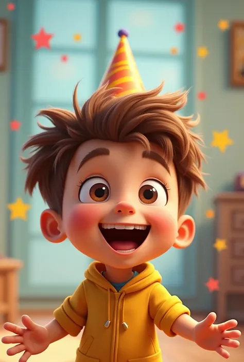 a boy aged seven and five, with brown hair with a face expressing happiness when celebrating, Disney Pixar style, cartoon
