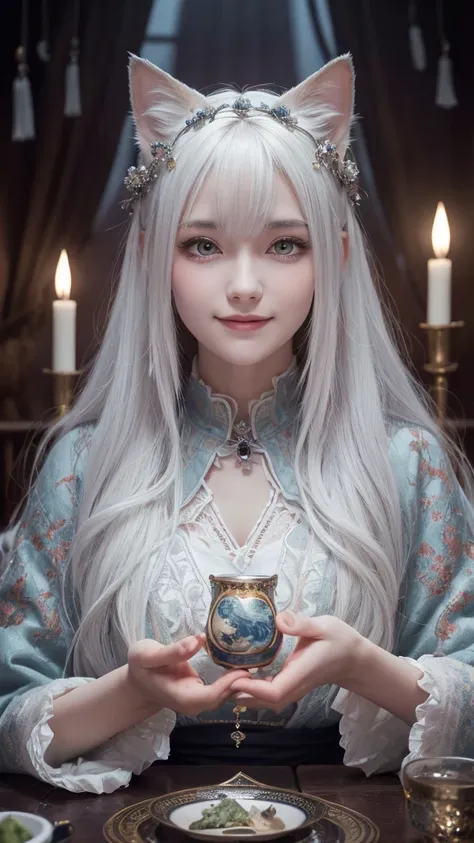 
(masterpiece, highest quality, highest quality, official art, beautiful and aesthetic: 1.2), (one girl: 1.3), wavy long hair, white hair, Cat ears on the head,highly detailed portrait, highly detailed hands, looking at the viewer, alone, (whole body: 0.6)...