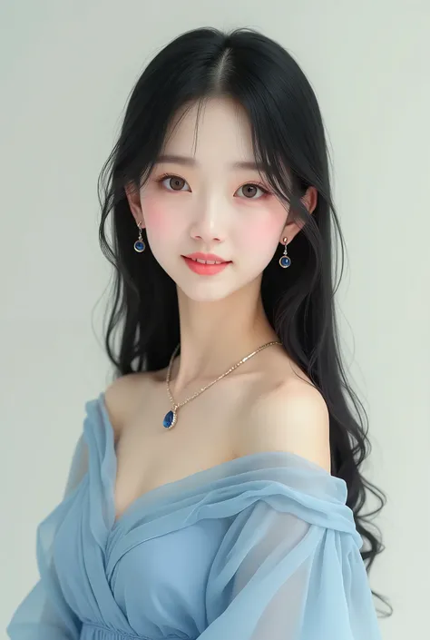 Japanese woman, long black straight hair, light brown eyes, pastel blue asymmetrical dress, sapphire necklace, small sapphire earrings, almond eyes, small face, small heart shaped lips. Realistic. 