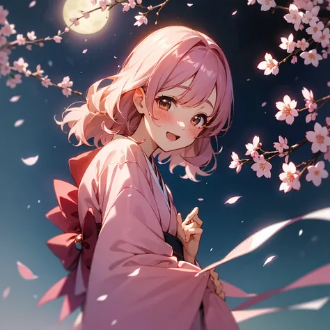 Cute Girls、Short wavy hair、Cherry blossom petals are falling桜並木、Cherry Blossoms at Night、full moon、Fantasy、Cherry blossom petals are falling、Reaching for the cherry blossom petals、She looked back shyly and smiled shyly.、Brown eyes、Otaku-style animation、Ani...