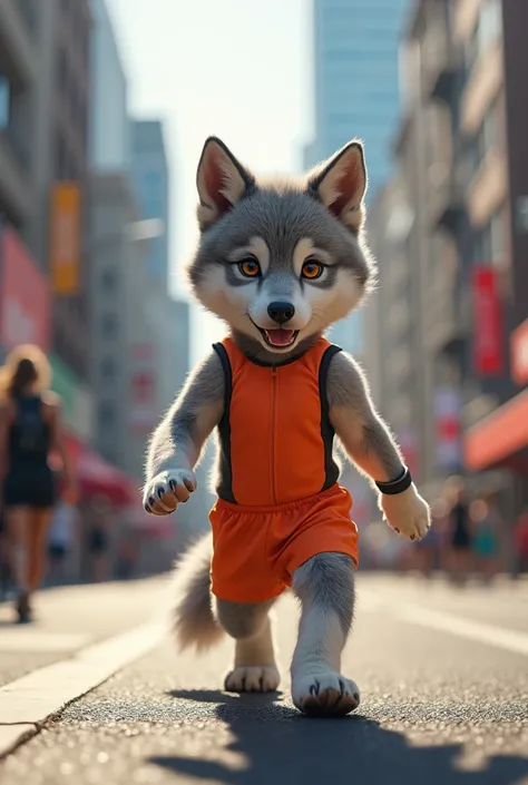 Beautiful wolf pup in exercise uniform on the street 