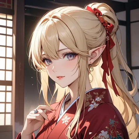 ((Best Quality)), ((masterpiece)), (detailed), （Perfect Face）、The female high elf is Seras Ashlain, a blonde with medium-long hair who is wearing a kimono, her hair tied in a Japanese style, and gorgeous jewelry and an engagement ring.