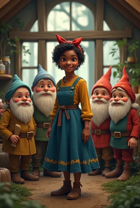 Real life woman with dark skin and short hair and red bow headband wearing blue and yellow dress next to 7 dwarves in a forest house