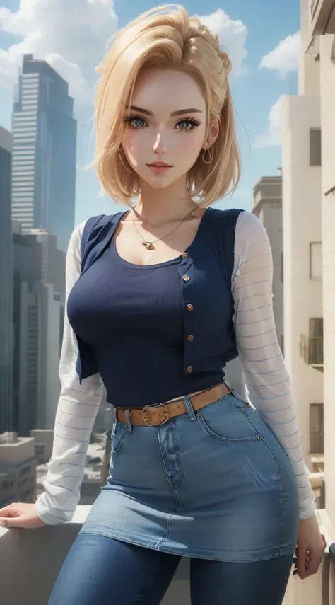 arafed woman in a blue top and jeans posing on a balcony, render of april, young beautiful amouranth, android 18, wearing a sexy cropped top, sun yunjoo, skinny waist and thick hips, wearing tight simple clothes, realistic anime 3 d style, photorealistic a...