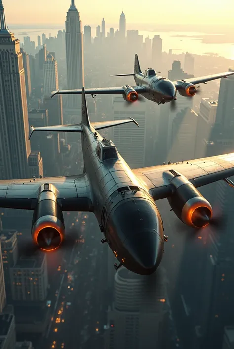 luftwaffe planes, flying over new york, steampunk, world war ii, realistic, cinematic lighting, 4K