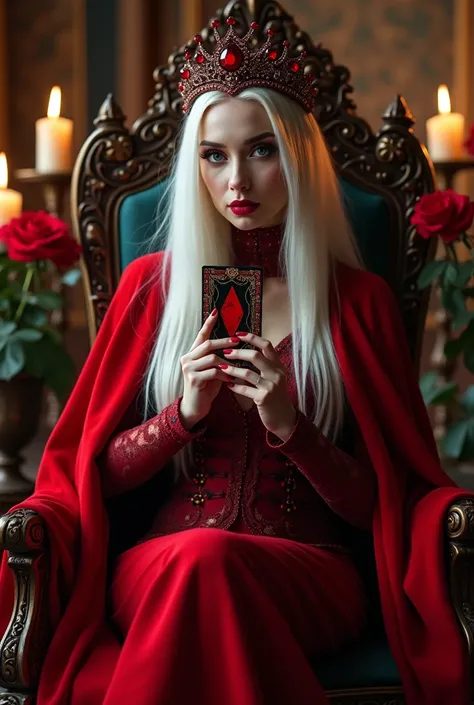 Tarot reader woman with delicate appearance, long straight white hair, tidy.
blue eyes, red and black makeup.
Fancy red outfit. Accessories all with red stones. Large crown with red stones.
using a red cape. 
queens chair, throne. 
Sophisticated atmosphere...