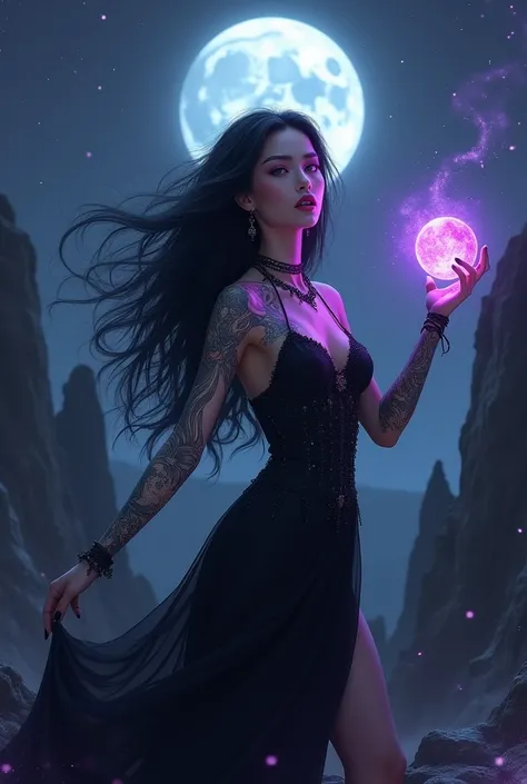 1girl, long black hair, beautiful detailed eyes, beautiful detailed lips, extremely detailed face, long black bejeweled dress, pale skin, soft smile, purple eyes, tattoos, intricate tattoos on face, right arm up like she’s dancing, left hand holding purple...