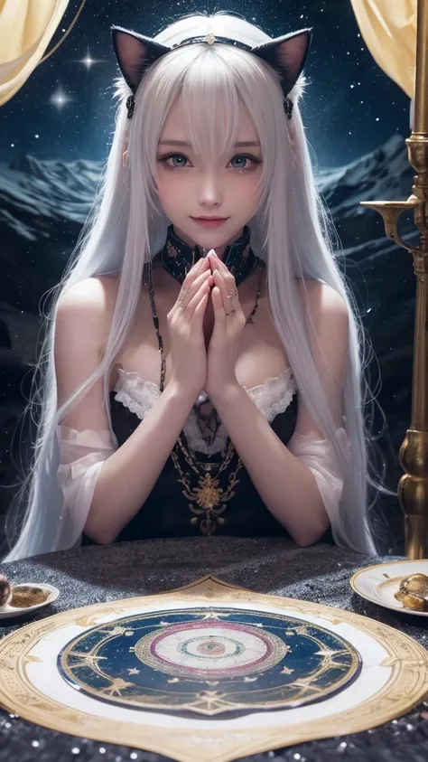 
(masterpiece, highest quality, highest quality, official art, beautiful and aesthetic: 1.2), (one girl: 1.3), wavy long hair, white hair, Cat ears on the head,highly detailed portrait, highly detailed hands, looking at the viewer, alone, (whole body: 0.6)...