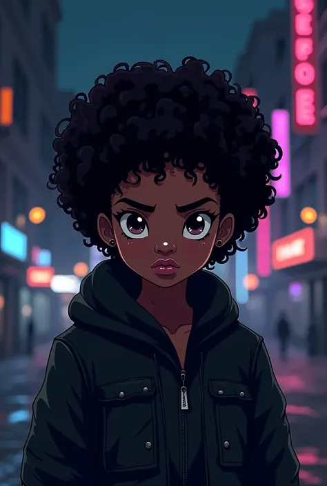 Drawing a black girl cyberpunk style, Short curly hair, Night background，Pixel Art，front