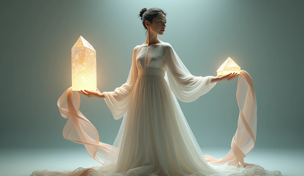 A person holding a glowing crystal in one hand and a flowing ribbon in the other, symbolizing the balance between stability and flexibility. Ultra-realistic, crystal textures and flowing ribbon.