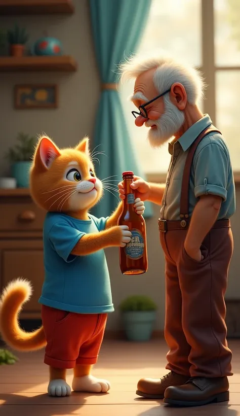 A brown cat wearing blue t-shirt and red pant is give bottle to an uncle and uncle give money to the cat