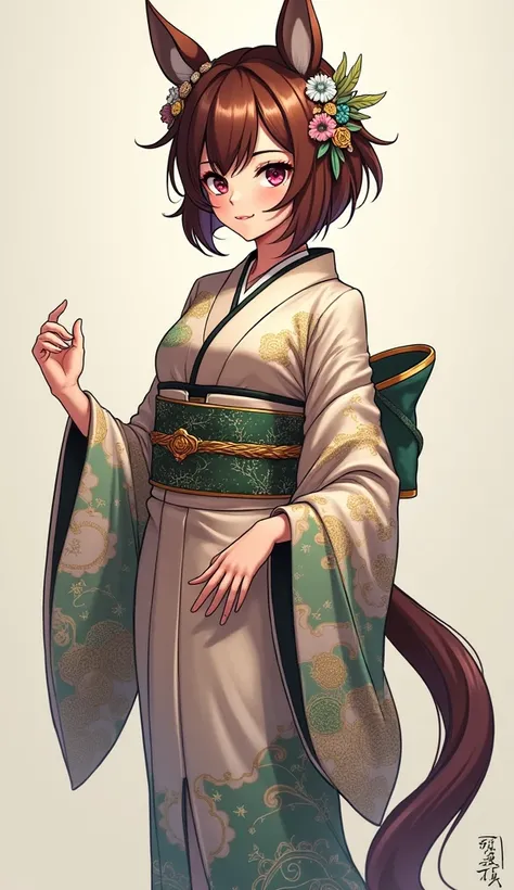 Beautiful girl wearing a half horse kimono with a horse bottom and a human top showing her tail to the camera Breasts, Horse Ears, detail, , anime, Mizura, 