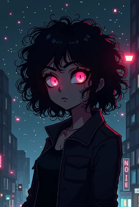 Drawing a black girl cyberpunk style, Short curly hair, Night background，Pixel Art，Pixel game style，front