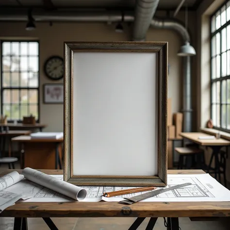 Design a vertical A4 frame with white line, in a vintage industrial style architectural studio, with the frame resting on a drafting table made of metal and reclaimed wood. The frame should have a worn metal texture, surrounded by architectural tools such ...