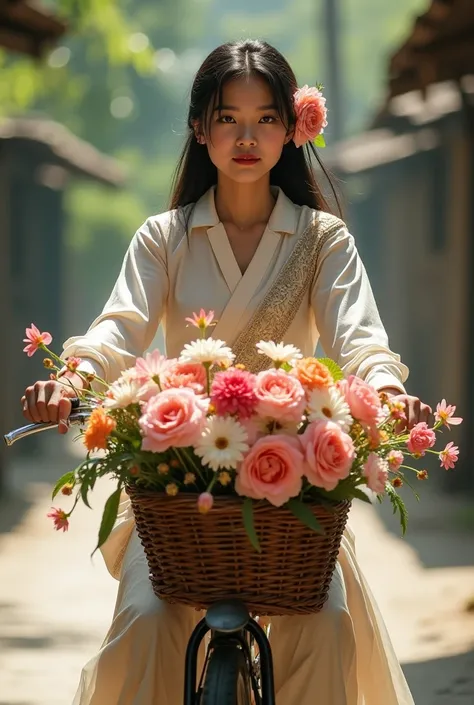 A very beautiful Indonesian woman riding a bicycle, The front basket on the bike contains very beautiful flowers