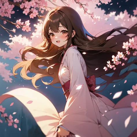 Cute Girls、Young、Wavy Hair、Brown Hair、Cherry blossom petals are falling桜並木、Cherry Blossoms at Night、Big full moon、Fantasy、Cherry blossom petals are falling、She shyly turns around and smiles.、Brown eyes、Otaku-style animation、Animation Beautiful Girl、kimono、...