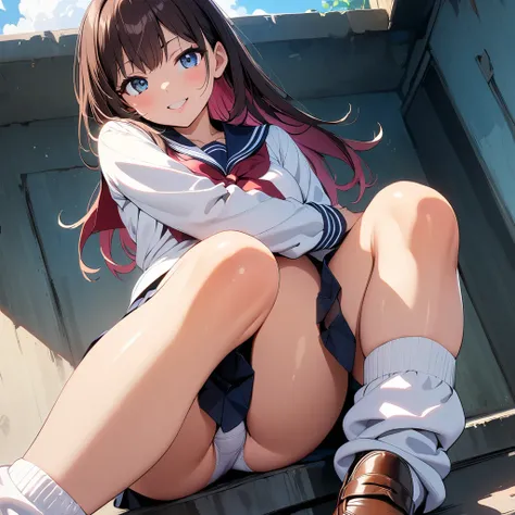 (highest quality:1.2, 4K, 8k, Studio Anime, Very detailed, Latest, Vibrant, High detail, High Contrast, masterpiece:1.2, highest quality, Best aesthetics), (((1 girl))), Sit and pose, jk, Sailor suit, Pleated skirt, loose socks, loafers, Please open your m...