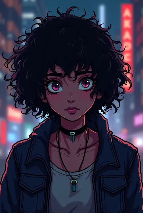 Cyberpunk，A black girl, Short curly hair, Night background，Pixel Art，Pixel game style，front