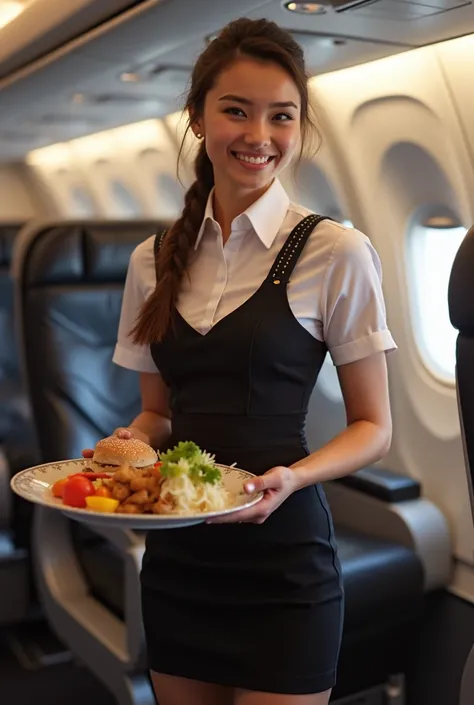 Young sexy girl stewardess in tight uniform, short skirt.have a tray on the food.smile.