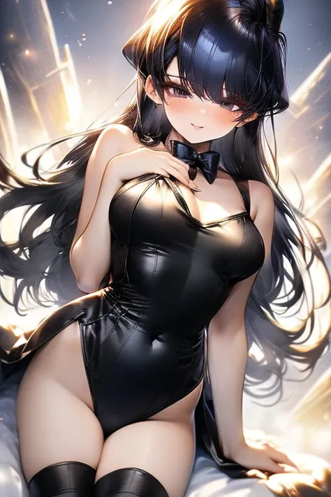 komi_shouko, seductive smile, smile, seductive eyes, whole body, looking at viewer, bunny costume, black leotard bunny costume, white studio background, studio background, detailed background, studio light, proffesional light, high quality, ultra detailed,...