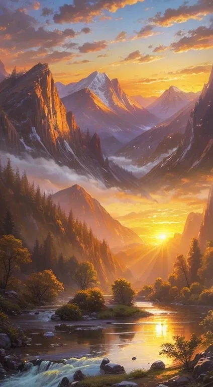 Landscape painting of mountains and river at sunset、Practical reality、Close to nature