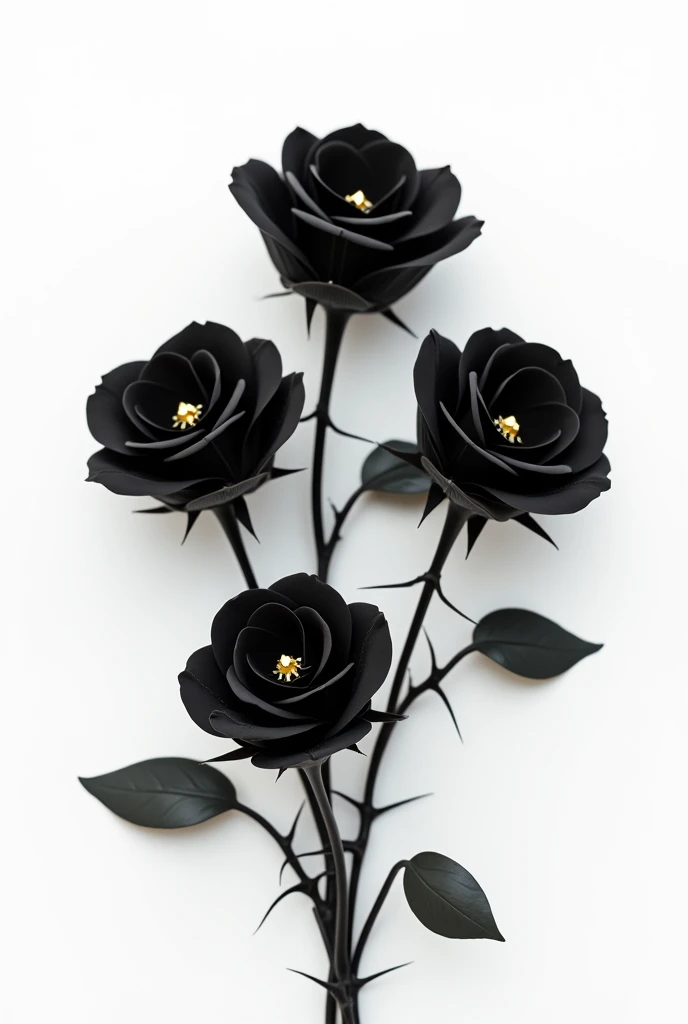 Five black roses on a white background with small yellow diamonds in the center. The branch of roses has thorns 
