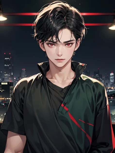 a boy with red eyes, wavy short black hair ombre green and have bangs. handsome but cute. he thin. happy. carefully. wear t shirt and jacket. Background in city. he cute. Front bangs. young man. he is vampire. anime style art