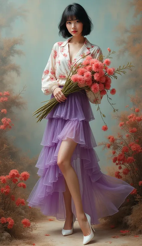 
Full body, short hair, perfect figure, sexy, seductive, beautiful Asian woman with bangs, purple-white short skirt with ruffles, sheer fabric, white high heels, and a boho style floral shirt. In his hands is a large bouquet of flowers. Chromatic combinati...