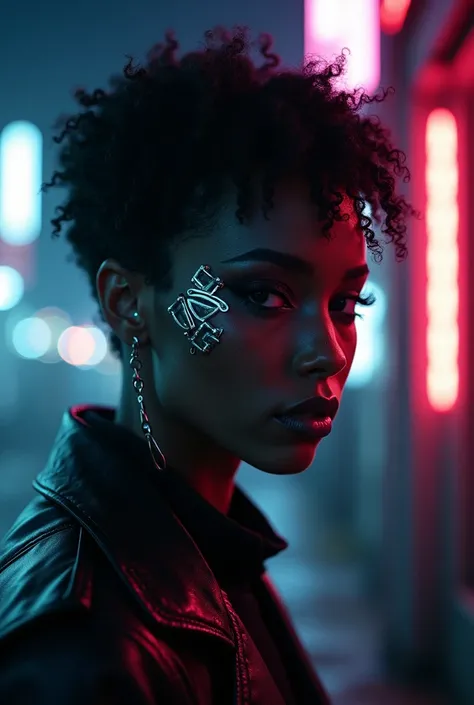 Drawing a black girl cyberpunk style, night，Neon，Short curly hair, perforation, cosmetic，front