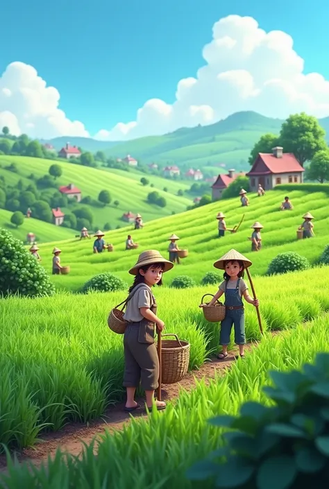 Villagers working in the green field, 3d image 