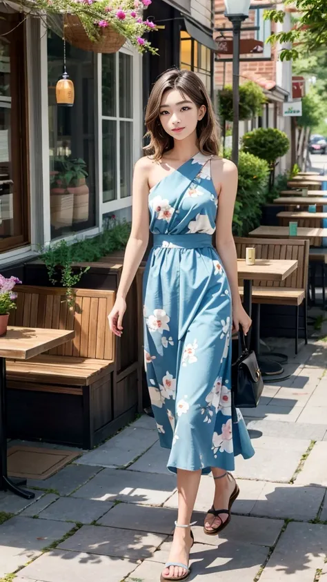 A beautiful Asian young woman, beautiful blue eyes, walking on a cafe patio, soft smile, enjoying the peaceful moment in the afternoon sun. A light, floral-print sundress in soft pastel pink, paired with simple sandals. Loose, shoulder-length hair in a bro...